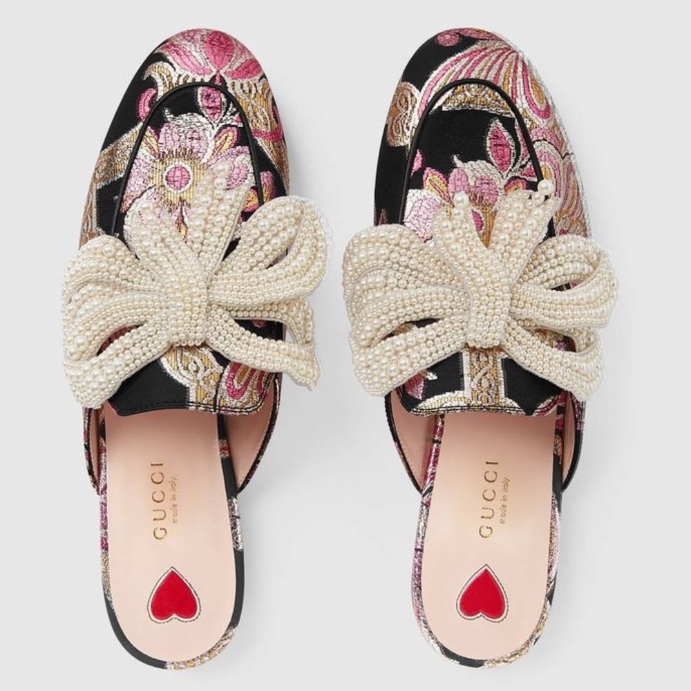 Gucci Princetown Brocode Pearl Bow Mules